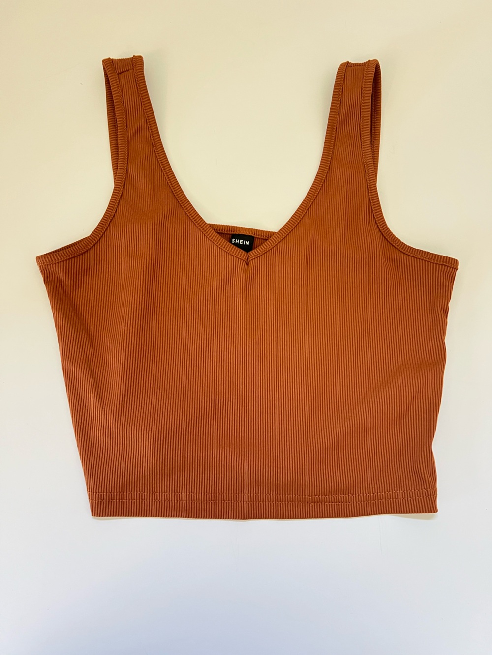 SHEIN Ribbed Fitted V-Neck Thick Strap Crop Tank Top Earth Tone Rust Orange Sz M